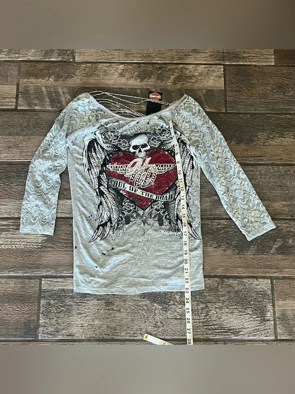 Harley Davidson 3/4 sleeve t-shirt skull rhinestones lace soul of the road S - Picture 8 of 10